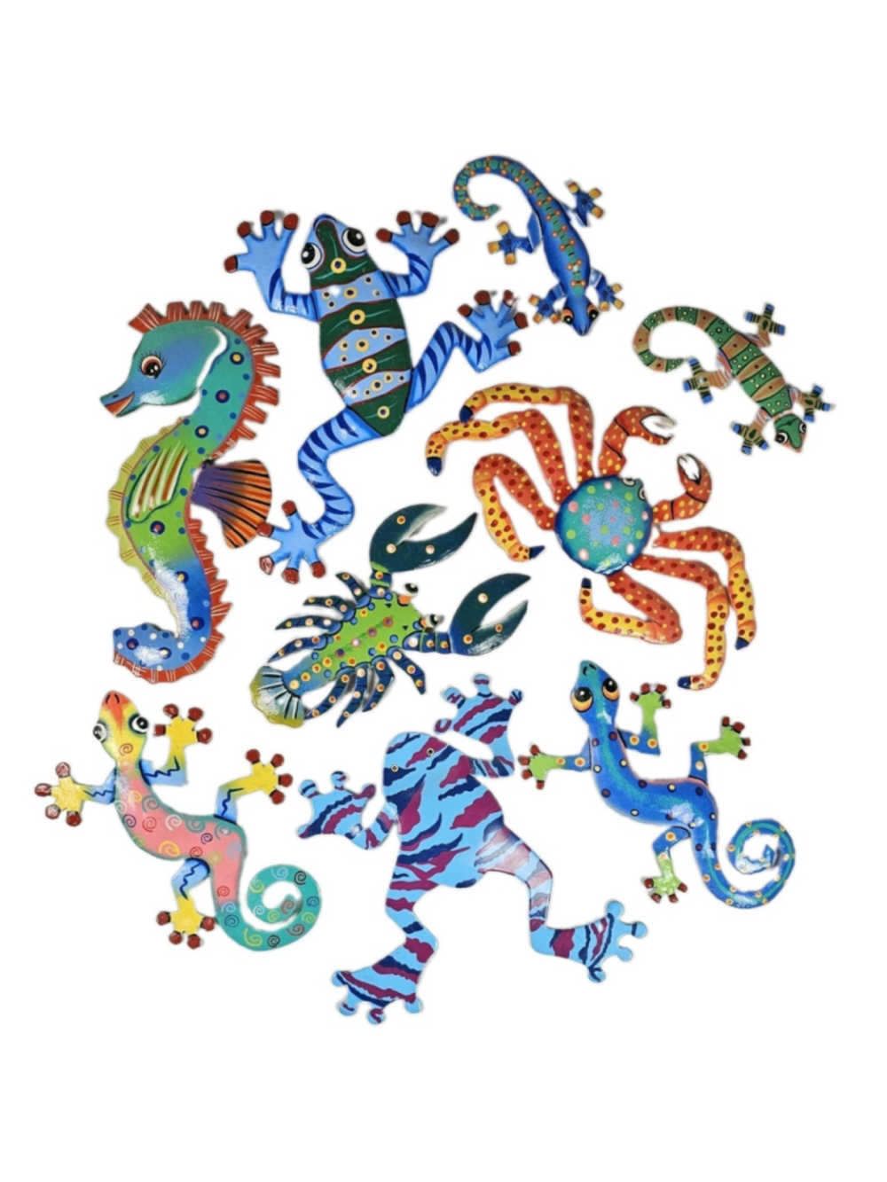 Lot of 9 Haitian Metal Drum Wall Art Colorful Painted Geckos Frogs Crab Seahorse